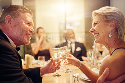 Buy stock photo Senior, party or couple of friends toast in celebration of goals or achievement at luxury social event. Motivation, funny or happy people cheers with champagne drinks or wine glasses at dinner gala