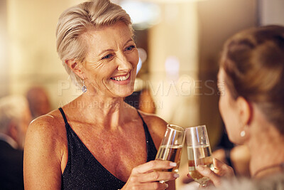 Buy stock photo Success, happy or women toast in a party for goals, winning or new year at luxury social event. Mature, celebration or senior friends cheers with champagne drinks or wine glasses at a fun dinner gala