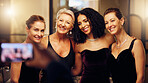 Phone photography, happy or friends in a party to celebrate goals or new year at fancy luxury event. Girls night, camera pov or people take pictures for social media at dinner gala or fun birthday
