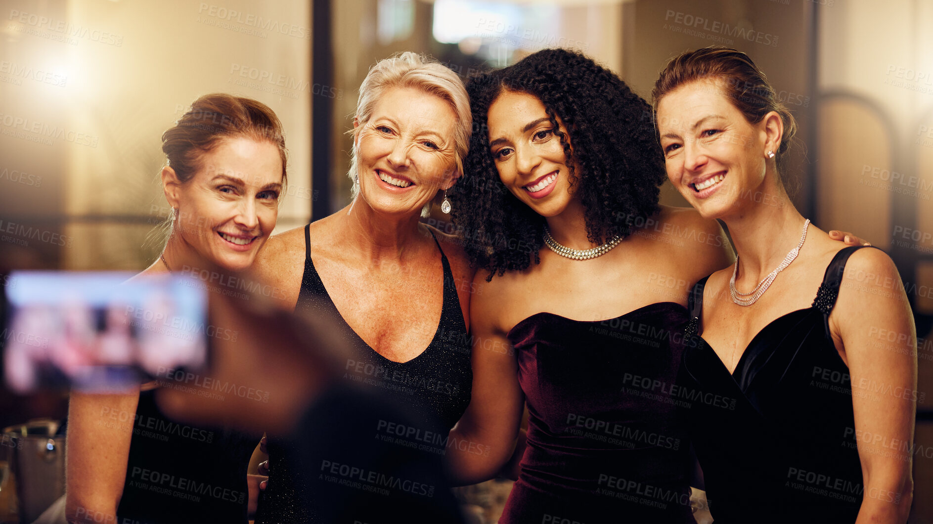 Buy stock photo Phone photography, happy or friends in a party to celebrate goals or new year at fancy luxury event. Girls night, camera pov or people take pictures for social media at dinner gala or fun birthday