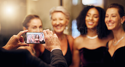 Buy stock photo Phone, photography or friends in a party in celebration of goals or new year at fancy luxury night event. Girls, screen or happy women take pictures for social media at dinner gala or fun birthday