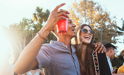 Buy stock photo Party, drinks and a couple of friends outdoor to celebrate at  festival, concert or summer social event. Diversity young men and women people together while dancing, happy and drinking alcohol