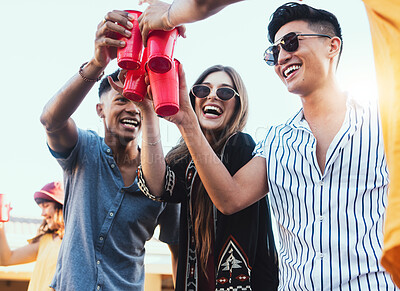 Buy stock photo Party, drinks and cheers with friends outdoor to celebrate at  festival, happy hour or summer social event. Diversity young men and women people together for toast, happiness and drinking alcohol