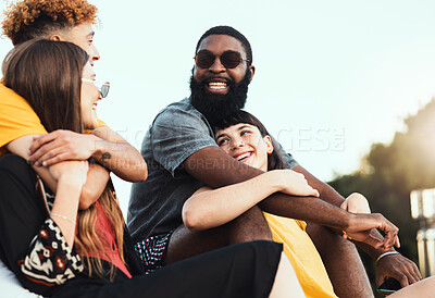 Buy stock photo Diversity, couples and date outdoor, smile and bonding on summer vacation, weekend break and conversation. Multiracial, men and women in city, loving and happiness together, holidays or casual outfit
