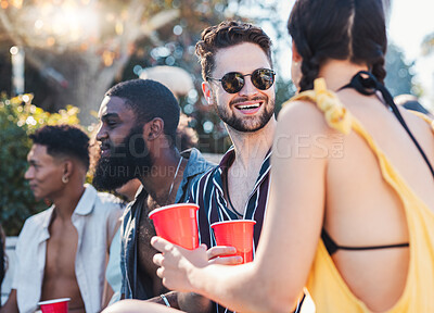 Buy stock photo Party, drinks and friends speaking while on a summer vacation, adventure or weekend trip. Happy, smile and people in conversation, bonding or drinking at event or celebration on holiday in Australia.