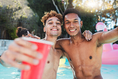 Buy stock photo Selfie, portrait and friends at a pool party with drinks for celebration, relax and holiday in Miami. Summer, smile and happy men in the water with a photo during a social event with alcohol