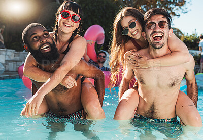 Buy stock photo Piggyback portrait and couple of friends in pool for summer vacation leisure together in the sunshine. Gen z, youth and young people bond, laugh and smile in swimsuit on holiday resort break.

