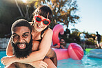 Love, pool party and couple piggyback, having fun and bonding. Swimming, romance diversity and portrait of happy man carrying woman in water and laughing at funny joke at summer event or celebration.