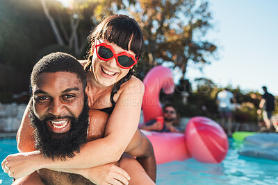 Buy stock photo Love, pool party and couple piggyback, having fun and bonding. Swimming, romance diversity and portrait of happy man carrying woman in water and laughing at funny joke at summer event or celebration.