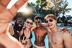 Peace sign, friends selfie and pool party, having fun or partying on new year. Swimming celebration, water event and group portrait of people with hand gesture, laughing and taking social media photo