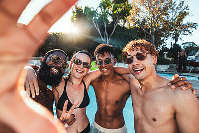 Buy stock photo Peace sign, friends selfie and pool party, having fun or partying on new year. Swimming celebration, water event and group portrait of people with hand gesture, laughing and taking social media photo