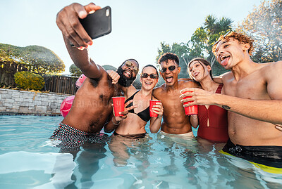 Buy stock photo Selfie, beer and friends at pool party having fun on new years. Swimming celebration, water event and group of happy people with tongue out, peace sign and taking pictures for social media in summer.