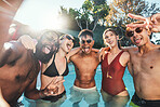Selfie, friends and peace sign at pool party having fun on new year. Swimming celebration, water event or group portrait of people with hand gesture, tongue out or taking social media photo in summer