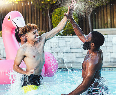 Buy stock photo Man, friends and high five in swimming pool for fun summer vacation, water splash or holiday in the outdoors. Happy men smiling in joyful and playful happiness for swim, celebration or swimsuit party