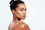 Body wellness, skincare and portrait of black woman for beauty, healthy skin and dermatology in studio. Self care, spa aesthetic and face of girl with cosmetics, makeup and facial on white background
