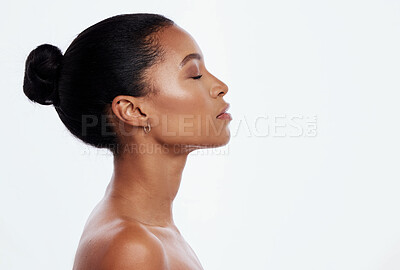 Buy stock photo Black woman, facial profile and beauty in studio, isolated white background and mockup. Female model, face side and dermatology for skincare, aesthetic makeup and natural cosmetics for salon wellness