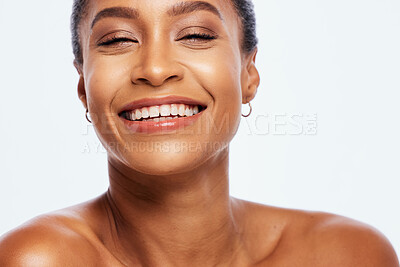 Buy stock photo Portrait, beauty and teeth with a model black woman in studio isolated on a white background for oral hygiene. Face, skincare and dental with an attractive young female posing on blank space