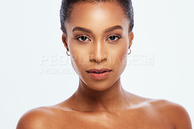 Buy stock photo Black woman, portrait and skincare in studio, white background and isolated mockup. Face of female model, facial beauty and aesthetic makeup for dermatology, natural cosmetics and wellness in Brazil