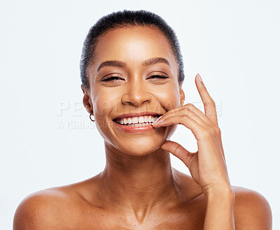 Buy stock photo Portrait, beauty and dental with a model black woman in studio isolated on a white background for oral hygiene. Face, skincare and teeth with an attractive young female posing on blank space