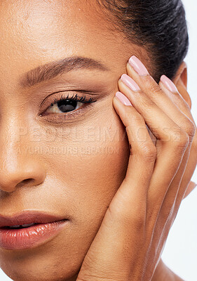 Buy stock photo Beauty, skincare and zoom face of black woman in studio for wellness, healthy skin and dermatology. Self care, spa aesthetic and portrait of girl with cosmetics, makeup products and facial treatment