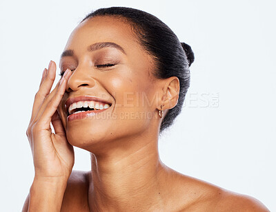 Buy stock photo Black woman, beauty and happy about skincare in studio for dermatology, cosmetics and natural skin. Funny aesthetic model person with luxury spa facial and makeup glow isolated on a white background