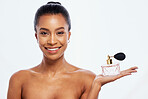 Black woman, luxury perfume and skincare portrait for beauty wellness and fragrance in white background studio. African model smile, salon product mockup and cosmetics parfum isolated for advertising