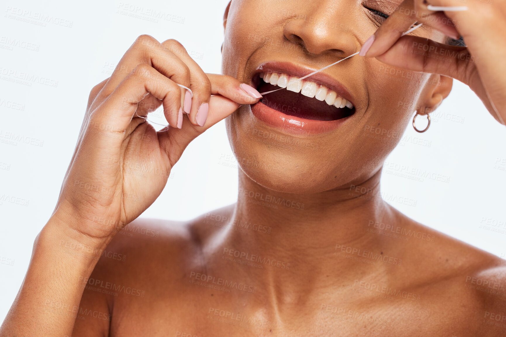 Buy stock photo Tooth, floss and black woman face, flossing for teeth whitening, healthcare and hygiene isolated on white background. Oral care product, dental and mouth cleaning for fresh breath in studio