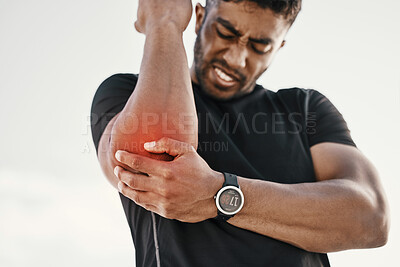 Buy stock photo Elbow injury, fitness and man with pain while training, sports emergency and accident during workout. Cramp, inflammation and athlete with broken bone, painful joint and bruise during outdoor cardio