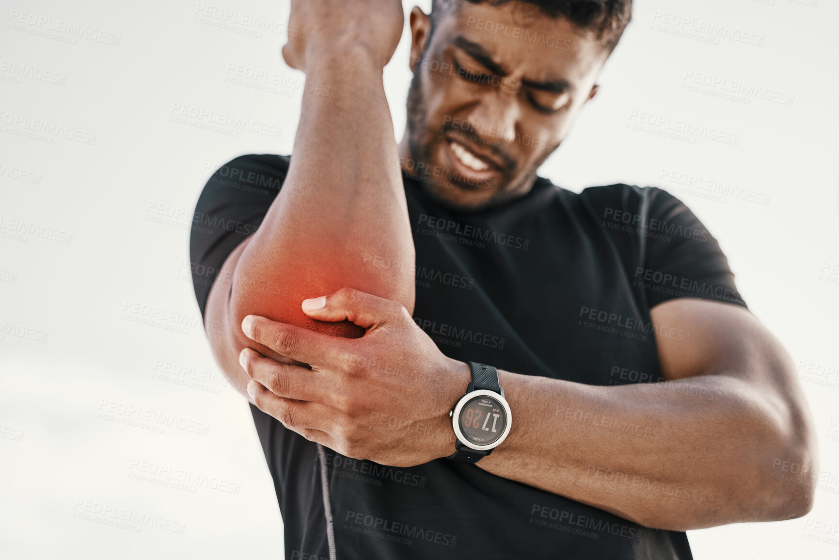 Buy stock photo Elbow injury, fitness and man with pain while training, sports emergency and accident during workout. Cramp, inflammation and athlete with broken bone, painful joint and bruise during outdoor cardio