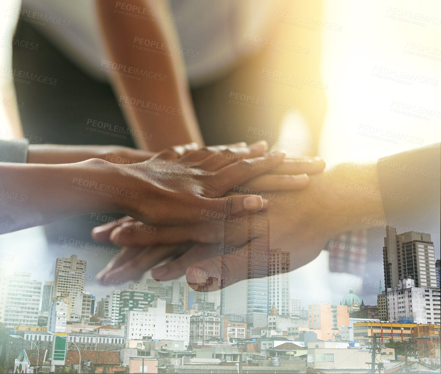 Buy stock photo Office, stack of hands and business people in unity, collaboration and celebration for teamwork. City overlay, victory and corporate employees celebrating success or achievement together in workplace