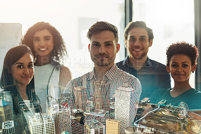 Buy stock photo Office, portrait and business people with city overlay with success, leadership and confidence. Happy, diversity and professional corporate team with successful teamwork or collaboration in workplace