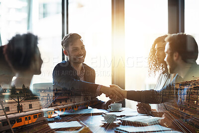 Buy stock photo B2B, overlay and handshake business people welcome, partnership and hiring contract success deal or networking. Trust, support and collaboration worker shaking hands for partnership, thank you or yes