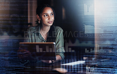 Buy stock photo Overlay, finance and woman thinking with a laptop at night for ideas, planning and business trading. Strategy, digital and employee working overtime for a financial analysis deadline on a computer