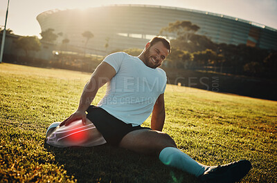 Buy stock photo Fitness, leg injury and pain with a sports man stretching outdoor before a workout for health. Exercise, stretching and highlight with a male athlete suffering from inflammation or injured muscle