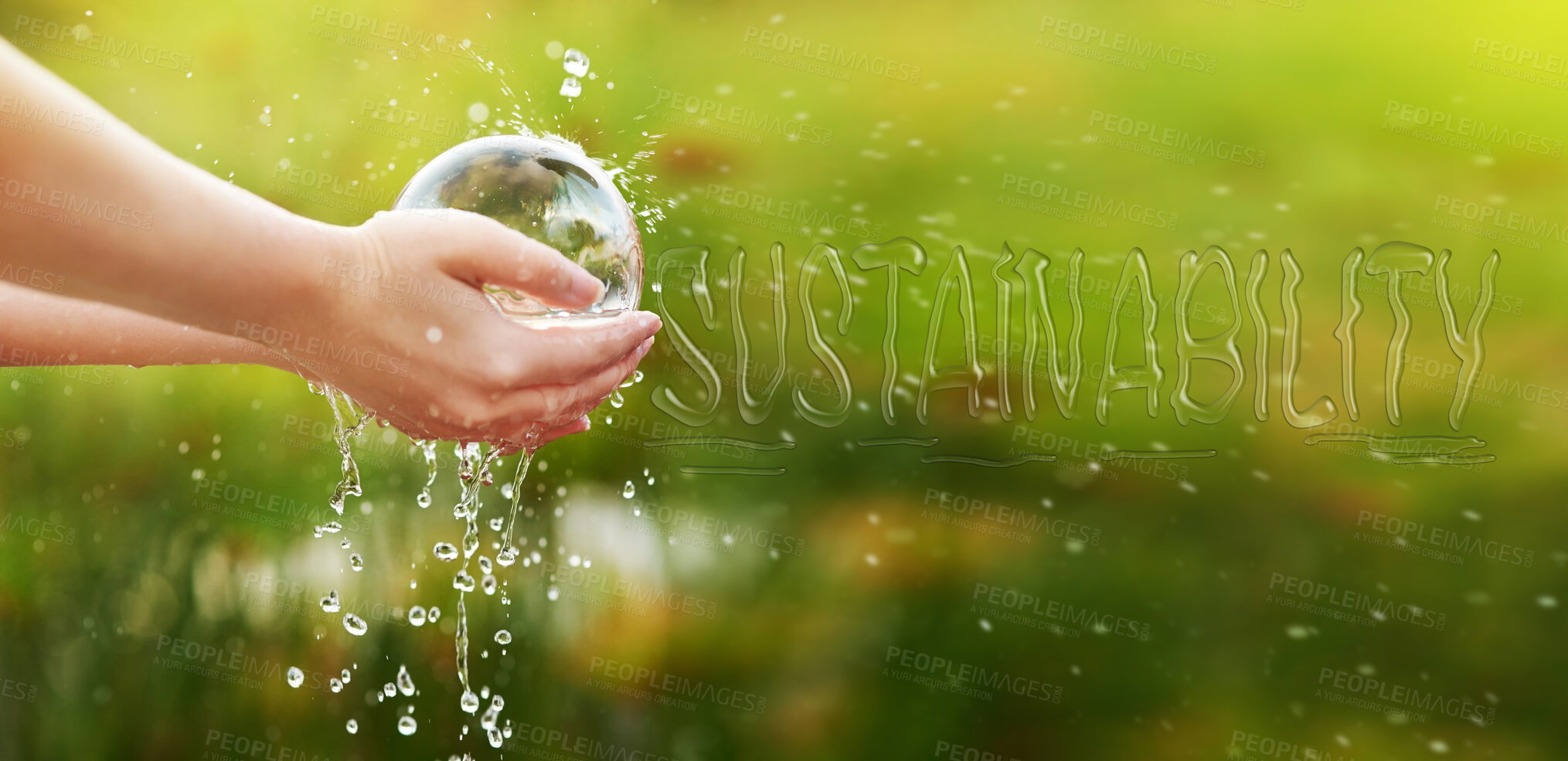 Buy stock photo Water, sustainability words and hands of child in field for eco friendly, natural resources and environment care. Earth day, nature and kid with liquid for mineral crisis, climate change and farming