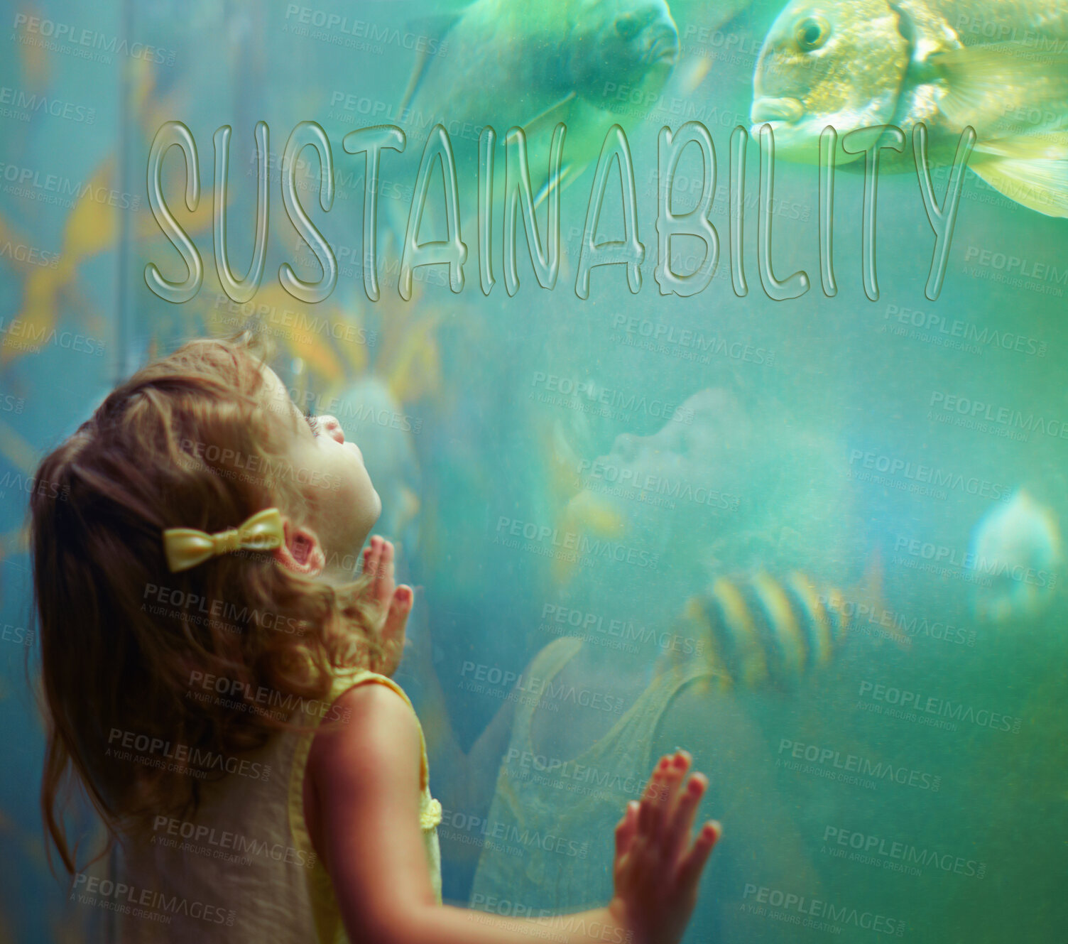 Buy stock photo Children, aquarium and sustainability with a girl looking into a fish tank for conservation, learning or development. Kids, water and nature with a female child watching marine life swim underwater