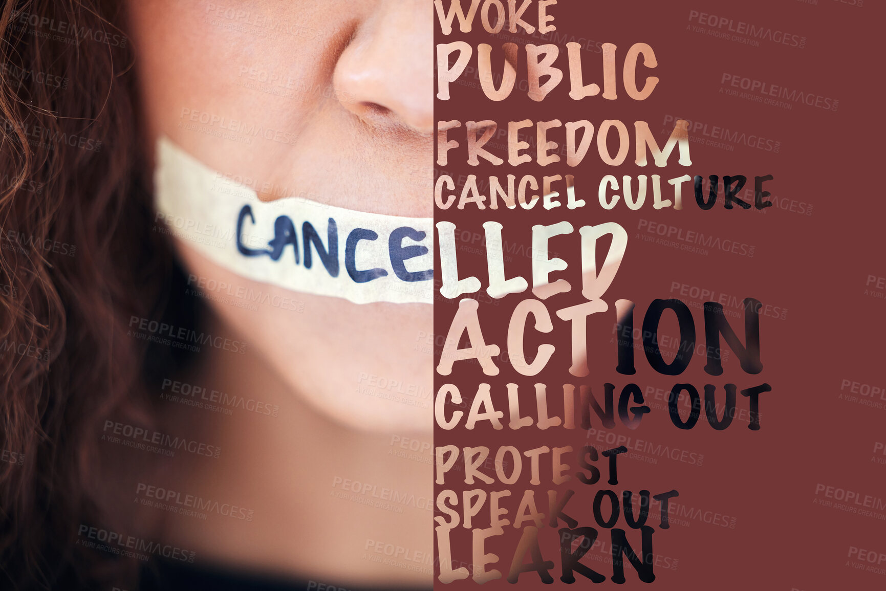 Buy stock photo Woman, silence and tape on mouth with words to voice gender based violence, protest or message. Female lips sealed or cancelled in collage, text or letter overlay to fight against political democracy