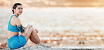 Workout, beach sunset or portrait of woman relax after outdoor running, sports training or fitness performance. Nature exercise mockup, waves or runner at sea for mental health, calm or freedom peace