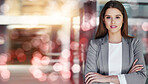 Portrait, mockup and overlay with a business woman arms crossed, standing in her office for work. Digital, future and vision with a corporate female employee posing next to red special effects