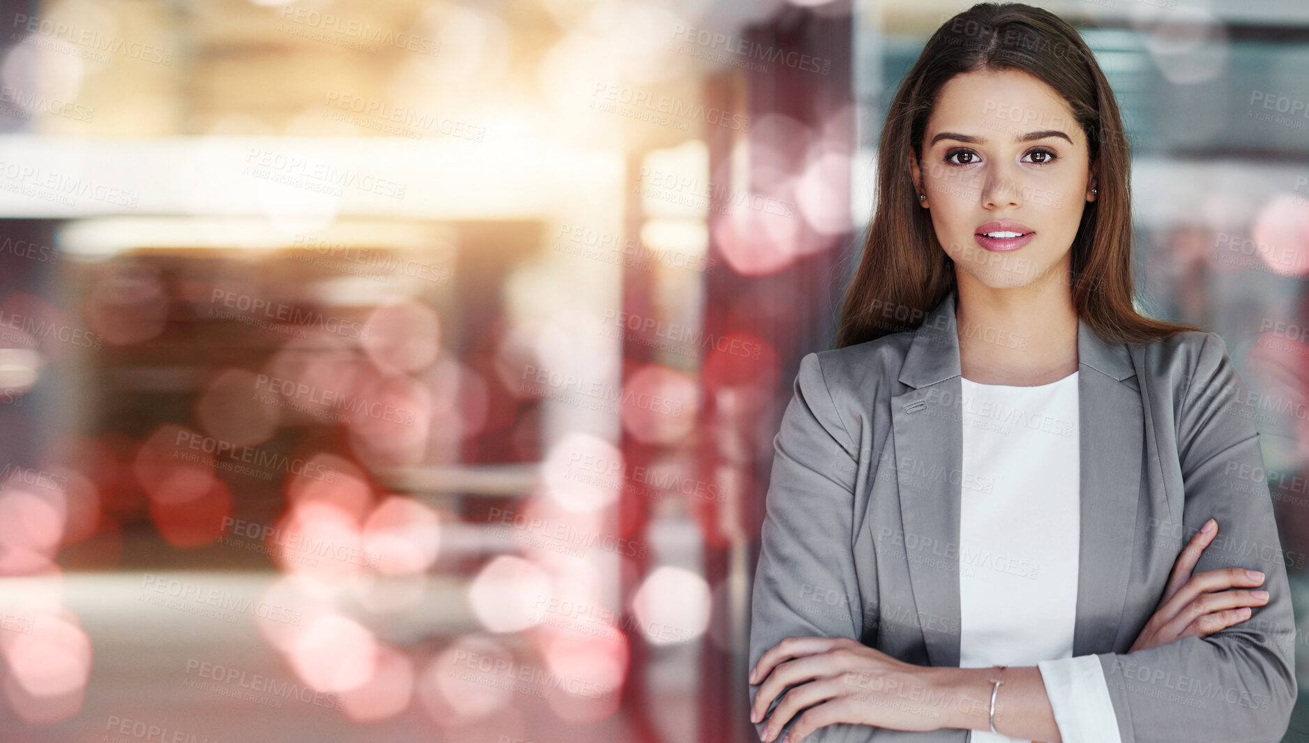 Buy stock photo Portrait, mockup and overlay with a business woman arms crossed, standing in her office for work. Digital, future and vision with a corporate female employee posing next to red special effects