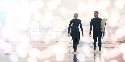 Buy stock photo Surfing, beach and couple walking from ocean enjoying freedom, adventure and summer holiday in Australia. Water sports, surfer mockup and happy man and woman smile after exercise, hobby and relax