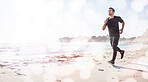 Workout, beach sunshine and man running for outdoor cardio, sports training or fitness exercise mockup. Nature sun flare, waves and runner on sea sand for mental health, freedom peace and bokeh light