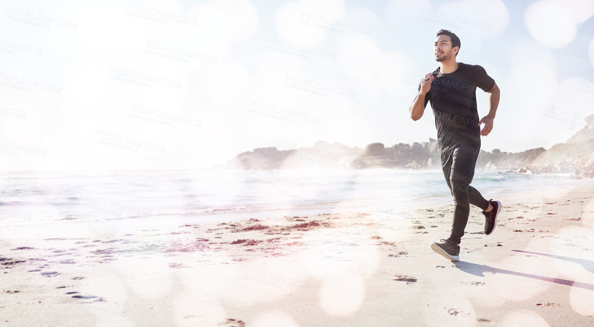 Buy stock photo Workout, beach sunshine and man running for outdoor cardio, sports training or fitness exercise mockup. Nature sun flare, waves and runner on sea sand for mental health, freedom peace and bokeh light