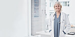 Mockup, portrait and woman in office, doctor and smile with confidence, uniform and healthcare. Medical professional, senior female or happy lady in workplace, happiness or career success with window