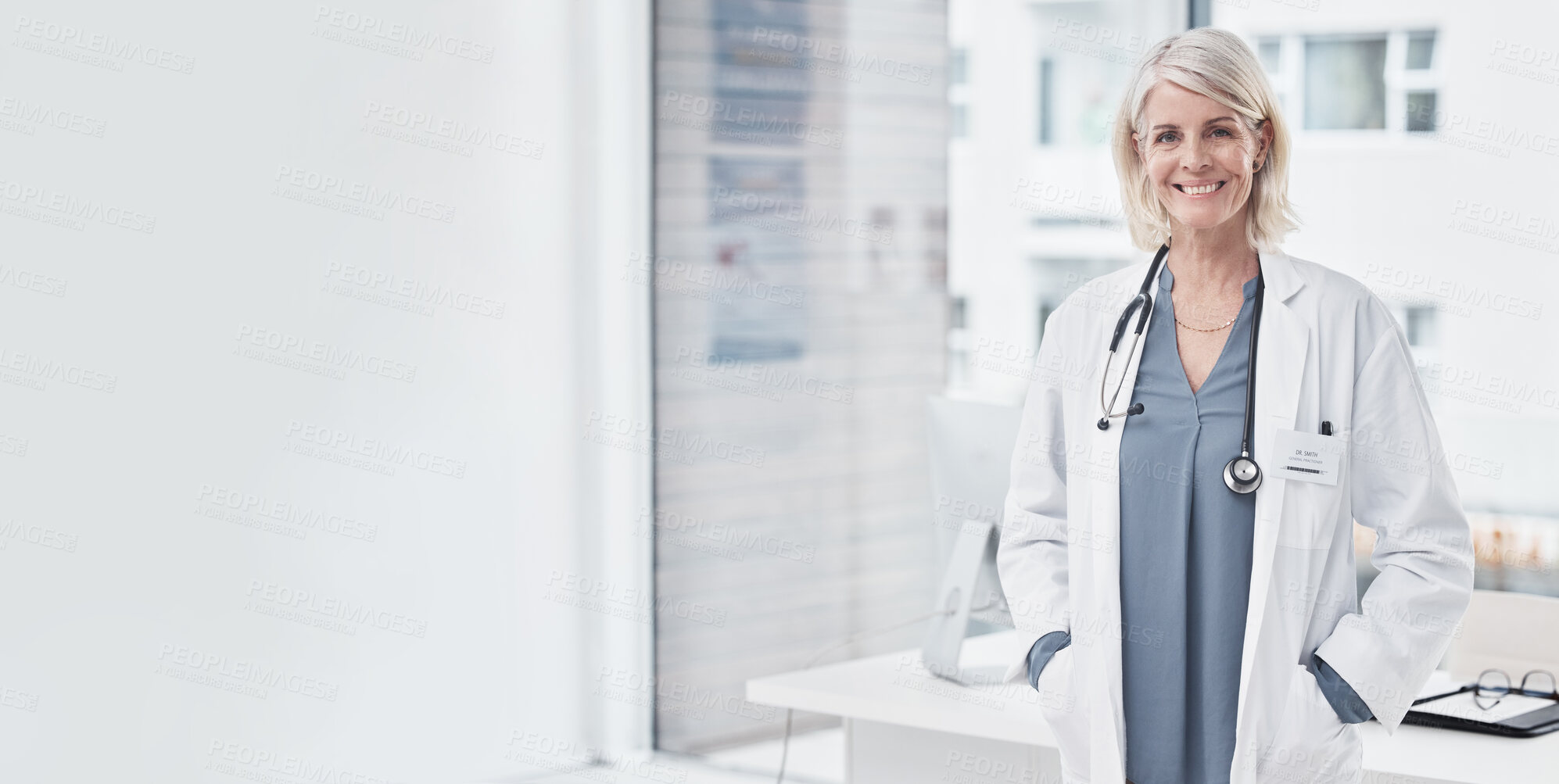 Buy stock photo Mockup, portrait and woman in office, doctor and smile with confidence, uniform and healthcare. Medical professional, senior female or happy lady in workplace, happiness or career success with window