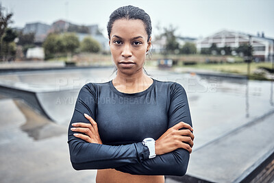 Buy stock photo Fitness, sports and portrait of a woman in the city for an outdoor run, exercise or training. Serious, motivation and young female athlete or runner with crossed arms after a cardio workout outside.