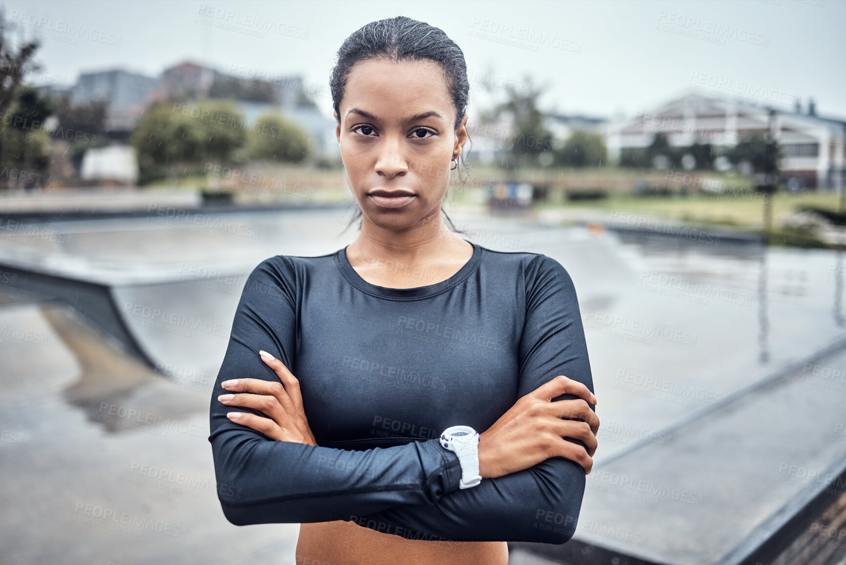 Buy stock photo Fitness, sports and portrait of a woman in the city for an outdoor run, exercise or training. Serious, motivation and young female athlete or runner with crossed arms after a cardio workout outside.