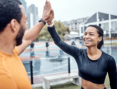 Buy stock photo Couple of friends, high five and fitness in urban city for running success, team support and marathon winner. Happy athletes achievement for training celebration, sports motivation and exercise goals