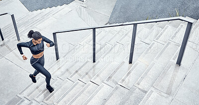 Buy stock photo Fitness, above and woman running on stairs for training, sports and body energy in the city. Challenge, exercise and runner with cardio on steps for a marathon, health and workout performance