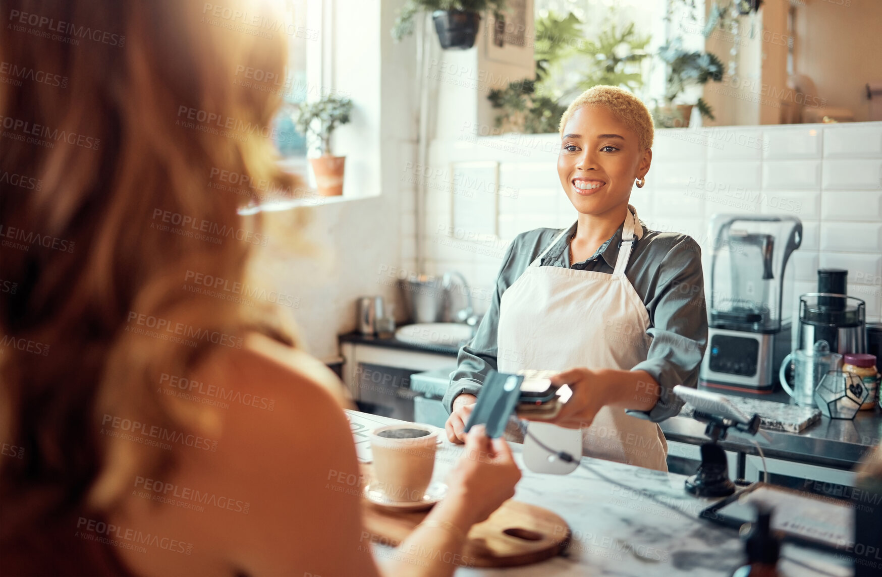 Buy stock photo Credit card, payment and shopping with black woman in coffee shop for retail, restaurant and food service. Finance, store and purchase with customer buying in cafe for spending, consumer and sales